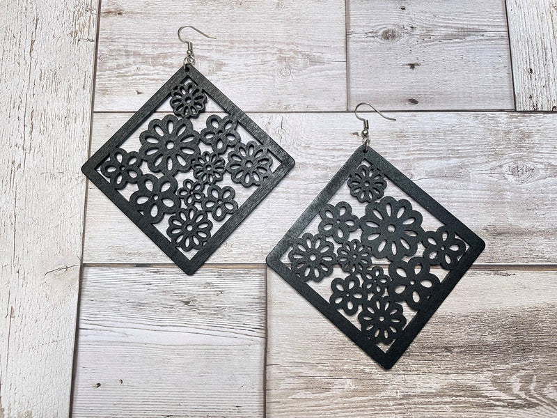 Square Flower Engraved Wooden Earrings