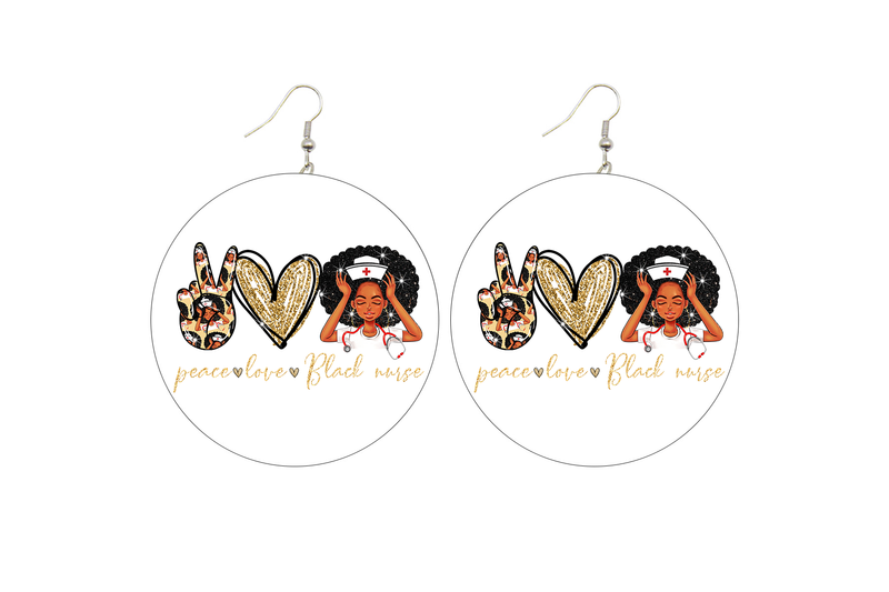 Peace, Love, Black Nurse Wooden Earrings