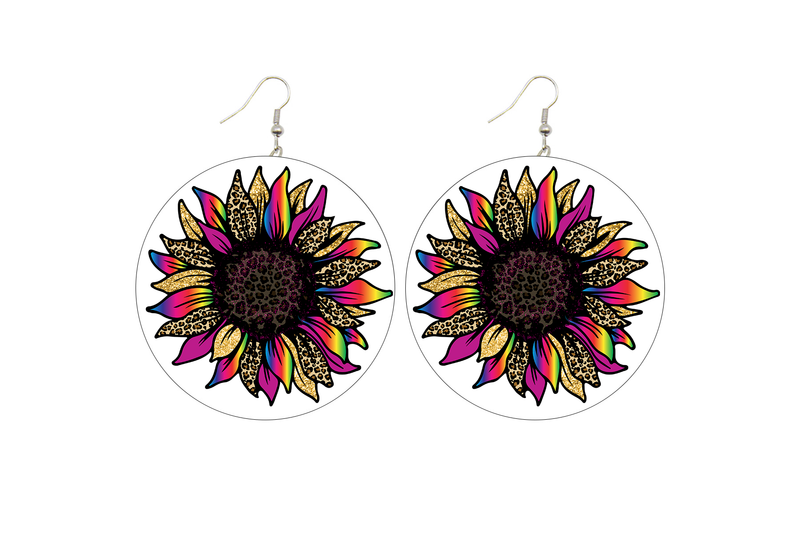 Rainbow Leopard Sunflower Wooden Earrings