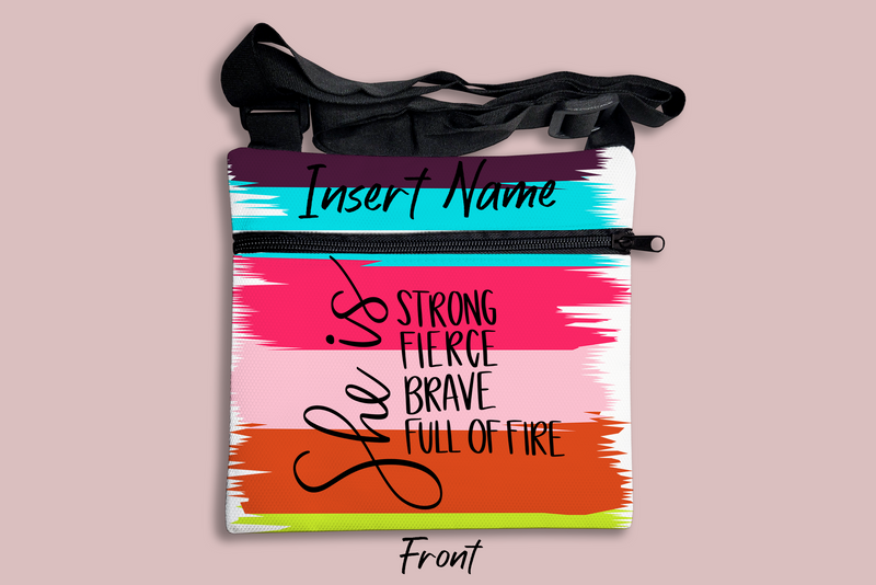 She is Strong Fierce Brave Full of Fire Brush Strokes Cross Body Bag + FREE Bookmark